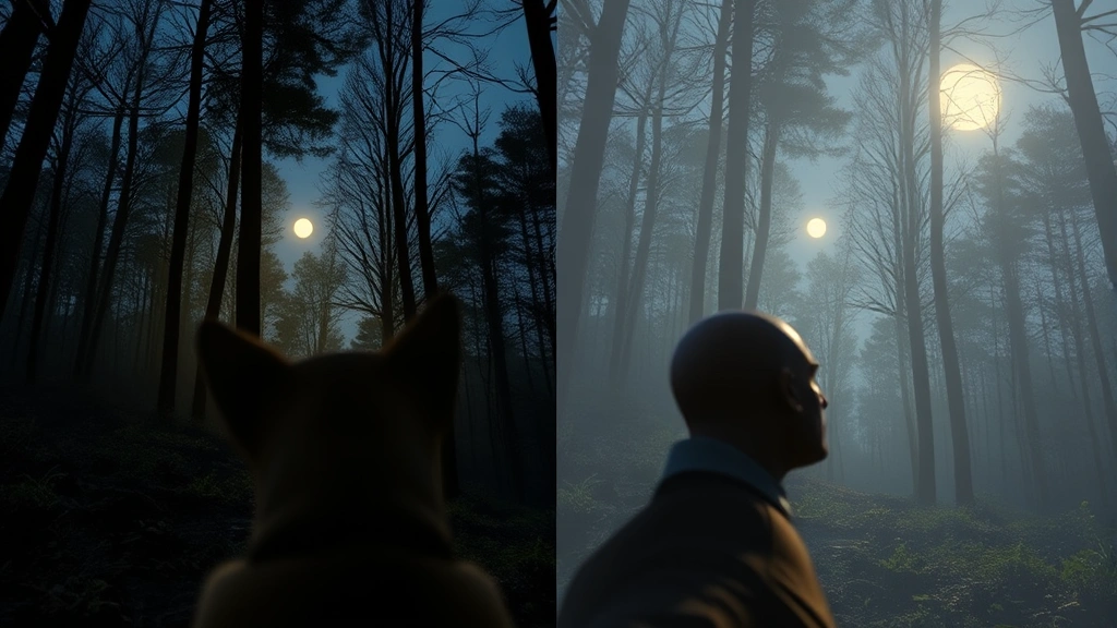 do dogs have night vision -
Photorealistic side-by-side comparison visualization showing a dog’s fiel