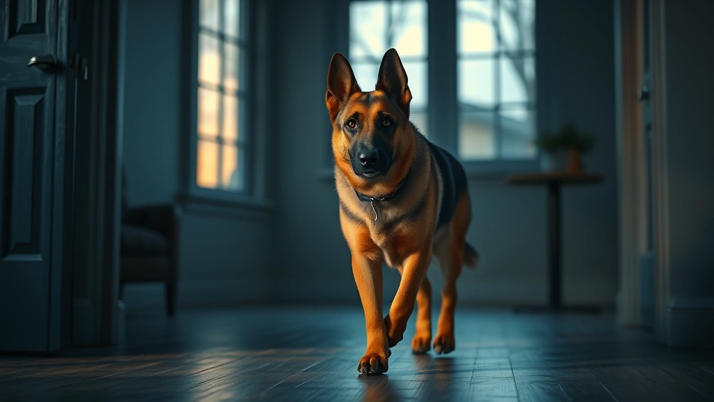 do dogs have night vision -
Photorealistic image of a German Shepherd dog confidently walking through a dim