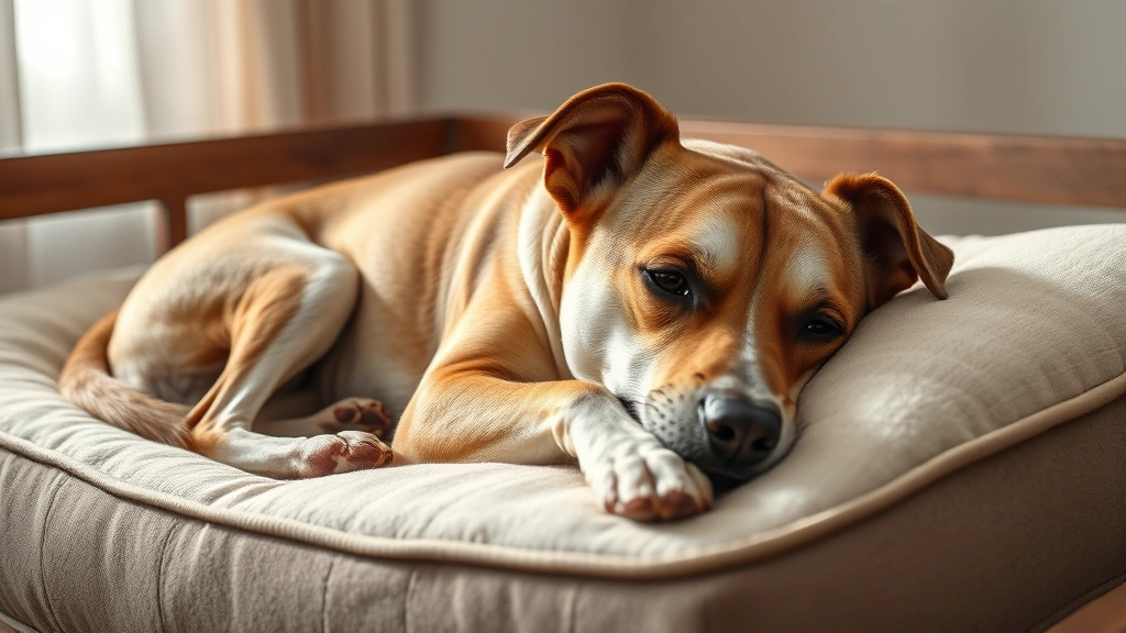 do dogs have the menopause -
Photorealistic photograph of an elderly spayed female dog resting on a comforta