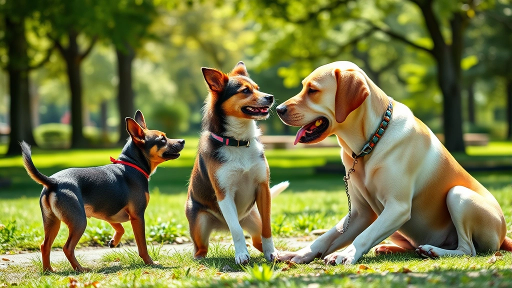 do dogs know they are dogs -
Photorealistic image of three different dog breeds interacting playfully togeth