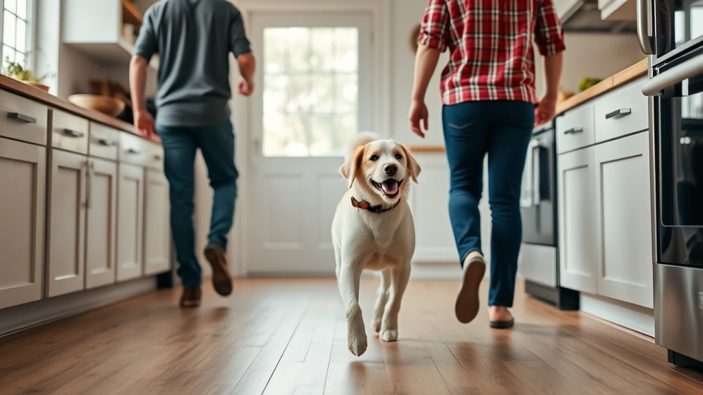 do dogs know you love them -
Happy dog following owner through a bright kitchen, dog’s tail wagging mi