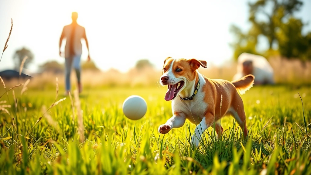 do dogs like being kissed -
Photorealistic image of a happy dog playing fetch in a grassy field with a pers