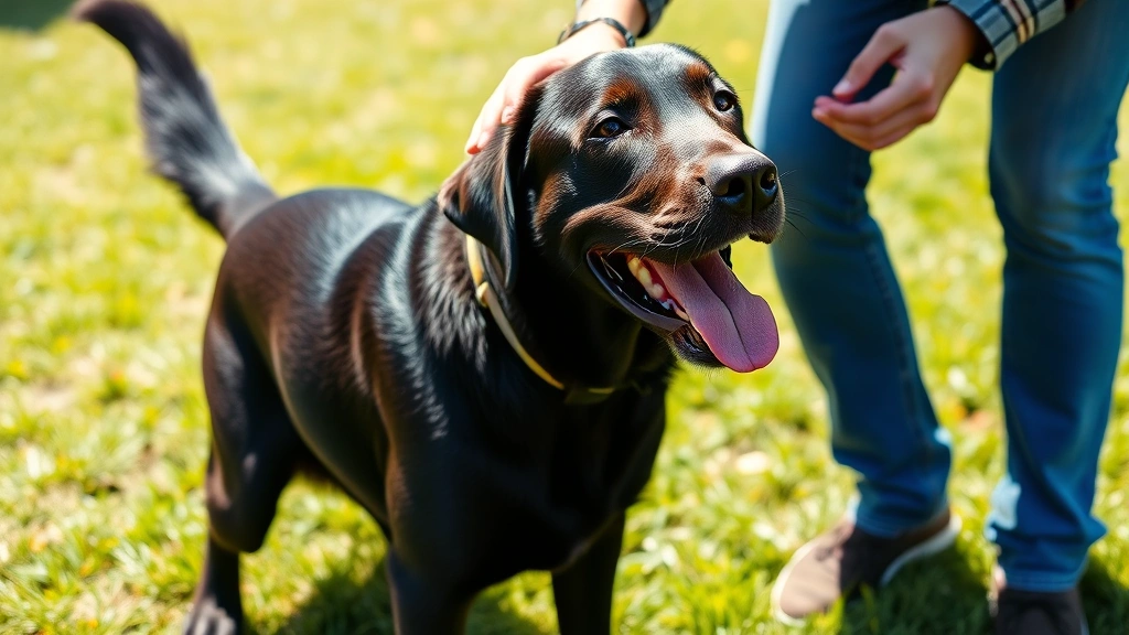 do dogs like being petted -
Happy Labrador with wagging tail and open mouth smile during petting session wi