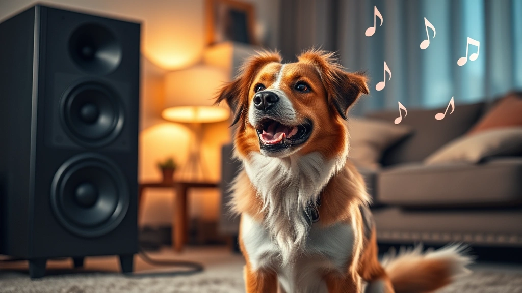 do dogs like music -
A happy dog sitting in front of a speaker with tail wagging, music notes floati