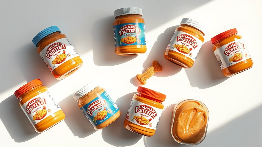 do dogs like peanut butter -
Photorealistic overhead shot of various peanut butter jar labels spread out on 