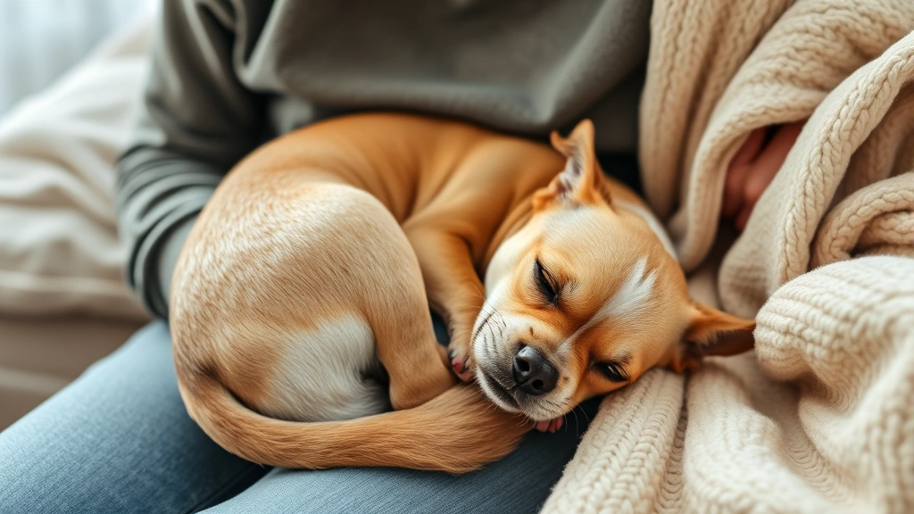 do dogs like to cuddle -
Small dog curled up on owner’s lap, photorealistic style, person petting 