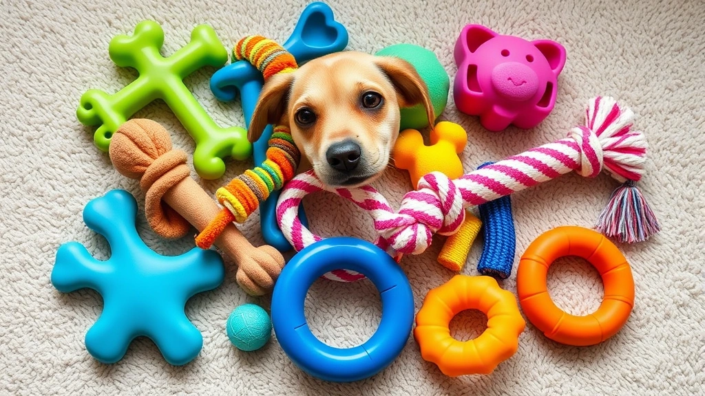 do dogs lose teeth -
Photorealistic image of various dog chew toys and teething toys arranged on a s