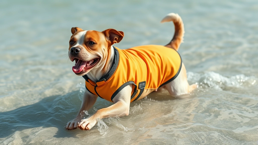 do dogs need sunscreen -
Dog wearing UV-protective swim shirt playing in shallow water at beach, happy a