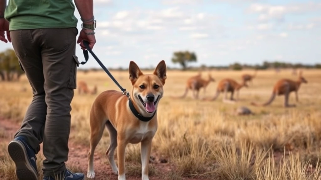 do kangaroos drown dogs -
A medium-sized dog on a leash with its owner in rural Australian landscape with