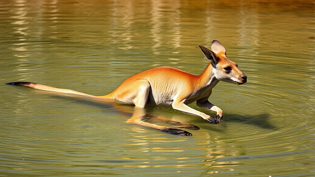 do kangaroos drown dogs -
A kangaroo swimming in clear water with strong hind legs visible, photorealisti