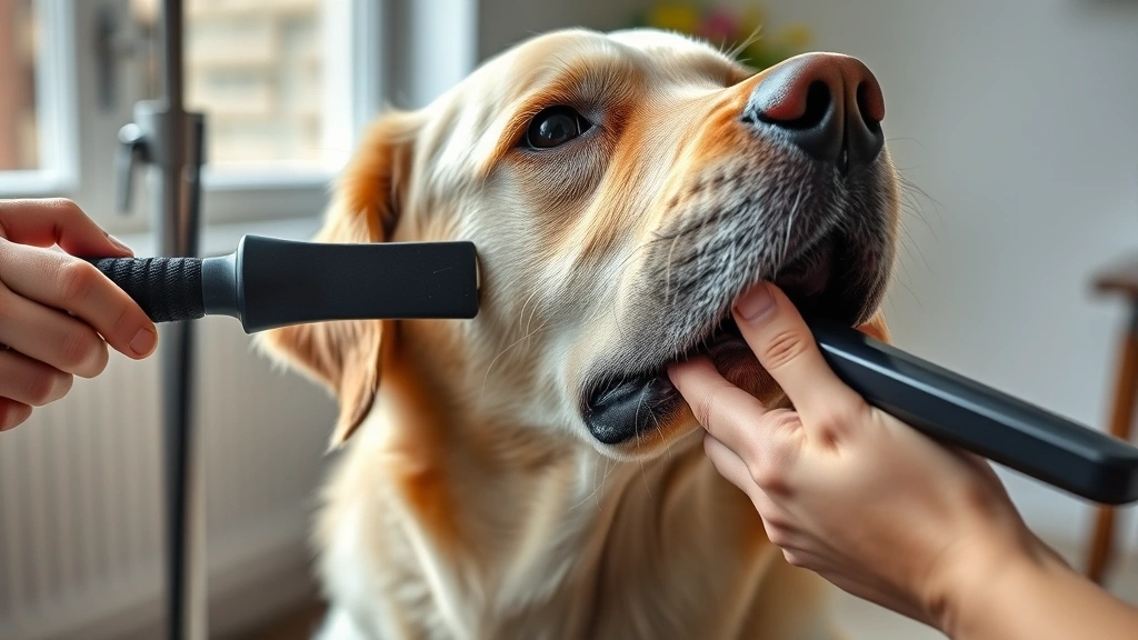 do labrador dogs shed a lot -
Photorealistic image of a Labrador Retriever being groomed with an undercoat ra