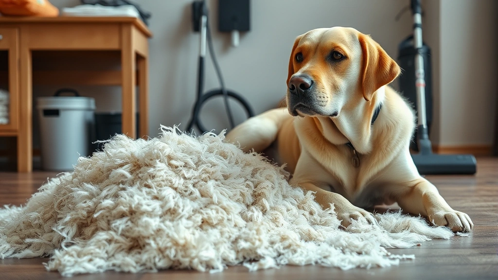 do labrador dogs shed a lot -
Photorealistic photo of a pile of collected dog fur next to a Labrador Retrieve