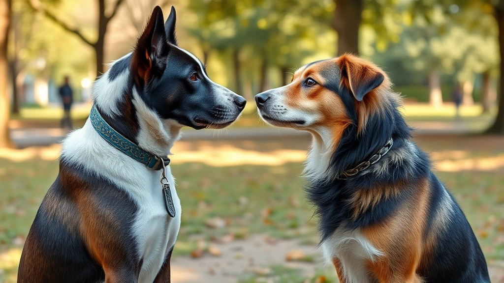 do male dogs get in heat -
Photorealistic image of a male dog and female dog meeting face-to-face in a par