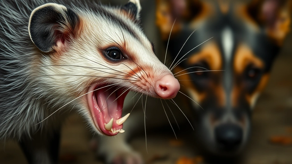 do possums attack dogs -
Photorealistic close-up of possum hissing defensively with bared teeth, showing
