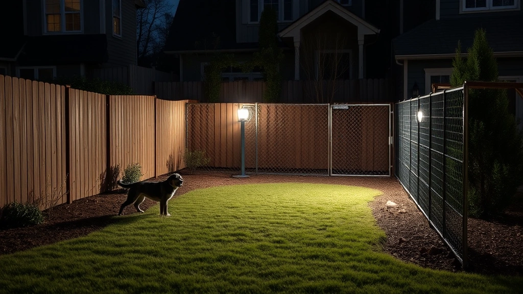do possums attack dogs -
Photorealistic image of secure dog yard with tall fencing, motion-activated lig