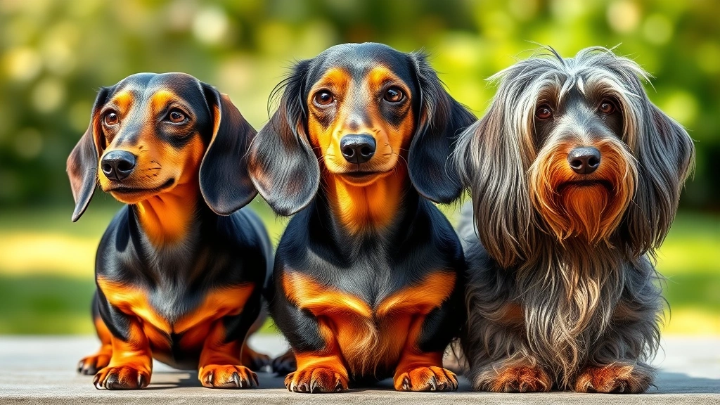 do sausage dogs shed -
Photorealistic image of three dachshunds side by side showing different coat ty
