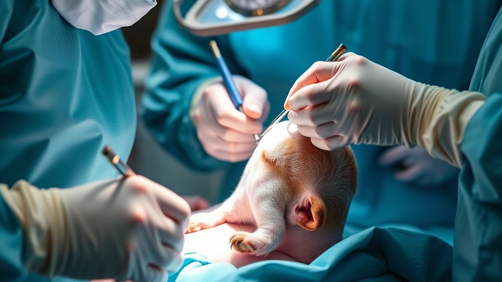 do spayed dogs go into heat -
Photorealistic close-up image of a veterinary surgical team performing a spay p