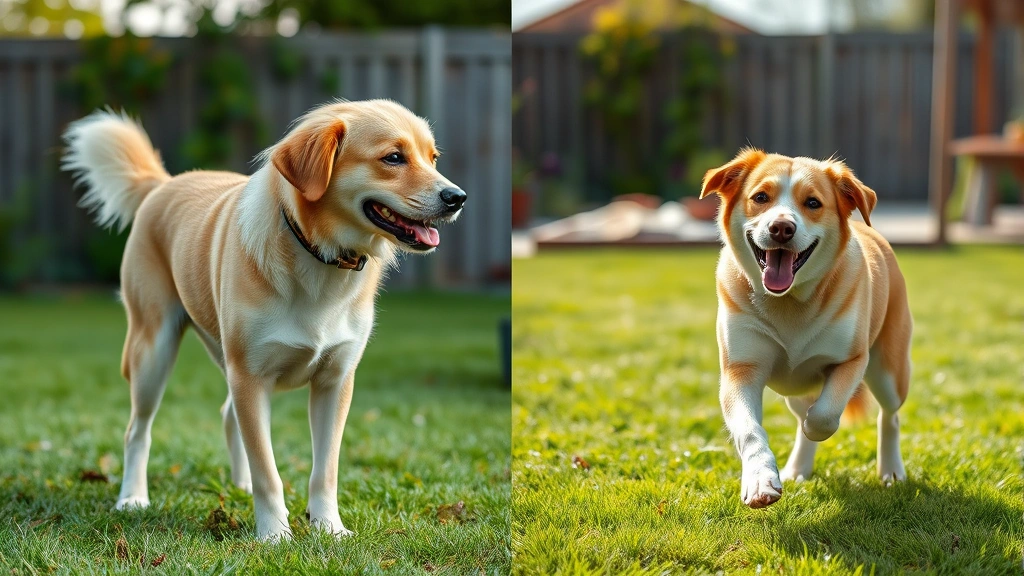 do spayed dogs have periods -
Photorealistic comparison image split showing an intact female dog with swollen