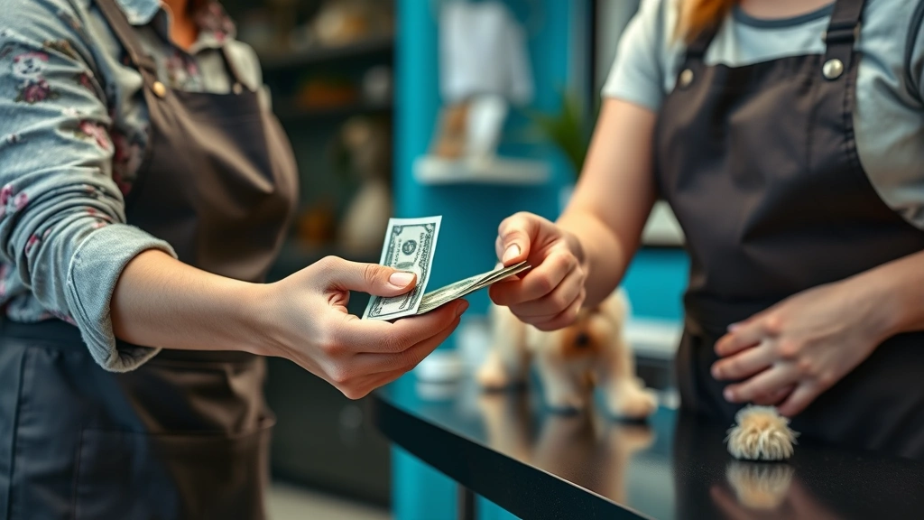 do u tip a dog groomer -
Close-up of hands exchanging cash tip to a female dog groomer wearing an apron 