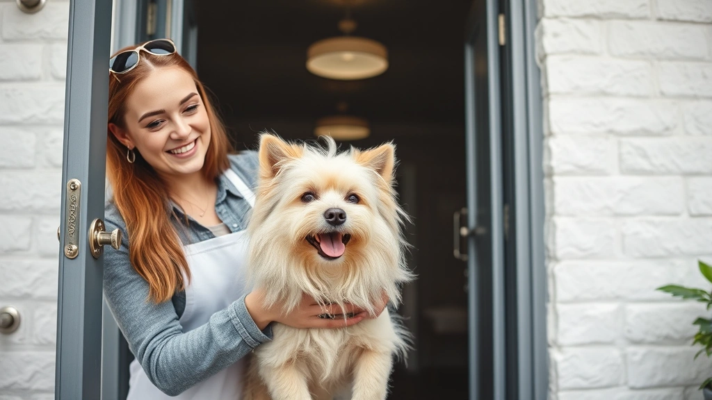 do u tip a dog groomer -
Happy dog owner picking up their fluffy dog from grooming salon
