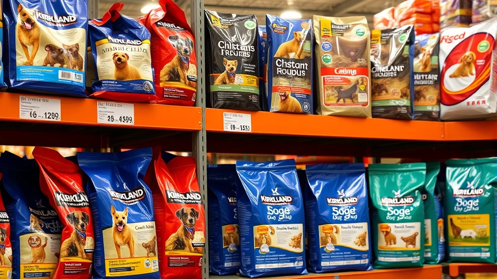 do vets recommend kirkland dog food -
Photorealistic image of Costco warehouse shelves stocked with dog food bags, mu