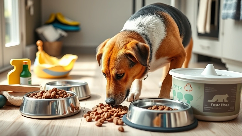 do you get paid to foster dogs -
Close-up of dog food bowls and supplies on a kitchen floor with a foster dog ea