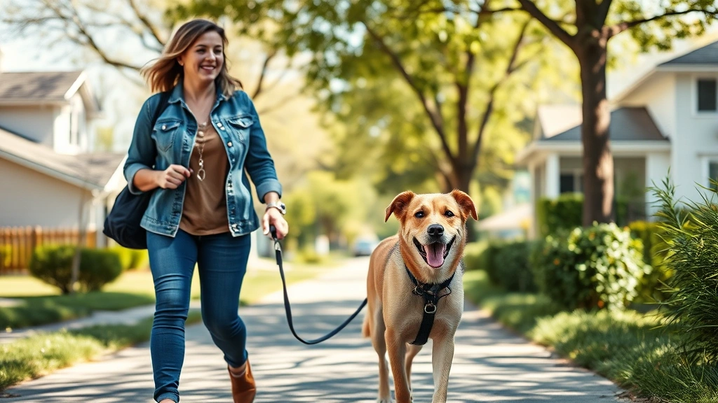 do you get paid to foster dogs -
A foster parent walking a grateful rescue dog on a sunny suburban street, both 