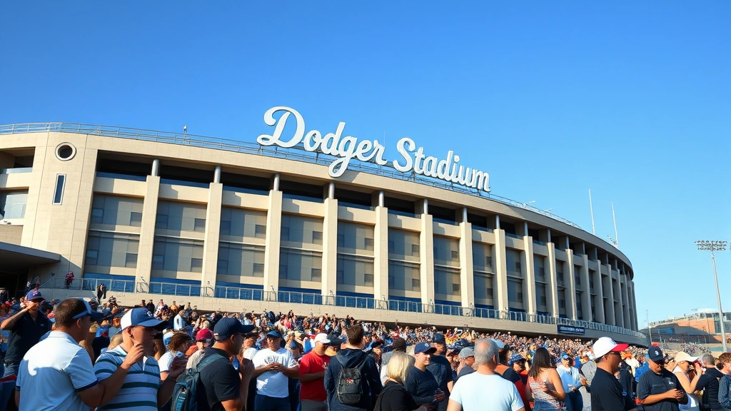 dodger dog -
Dodger Stadium exterior with crowds of fans holding food items during daytime, 