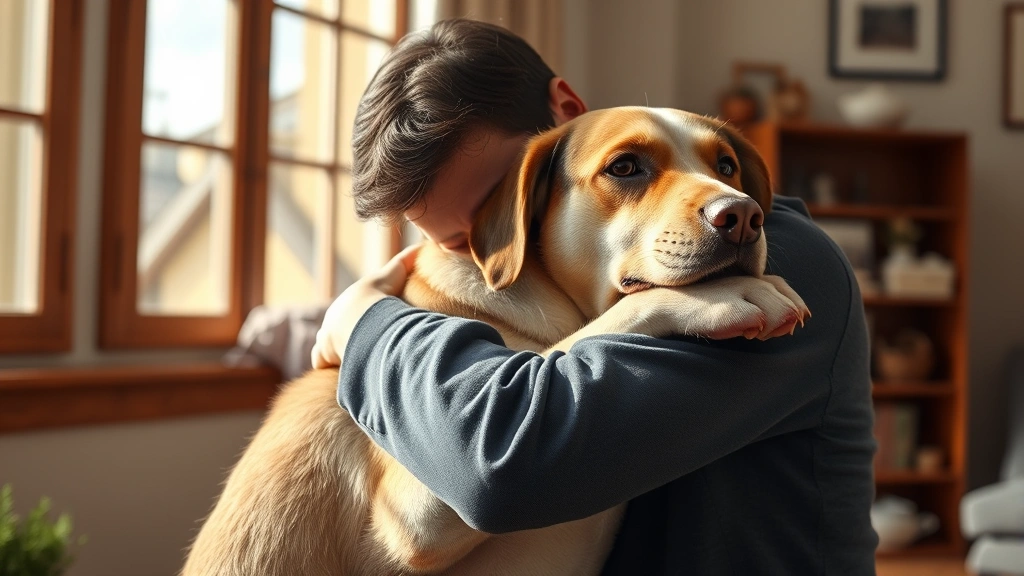does kamala harris have a dog -
Photorealistic image of a person hugging a rescue dog indoors, showing affectio