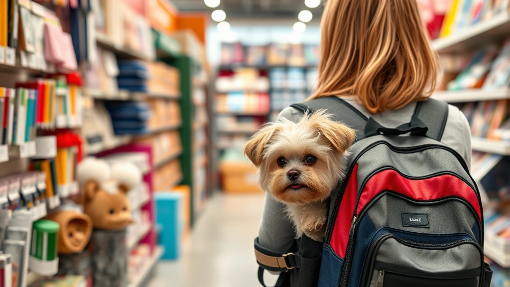 does michaels allow dogs -
A small fluffy dog peeking out of a pet carrier backpack while a woman shops fo