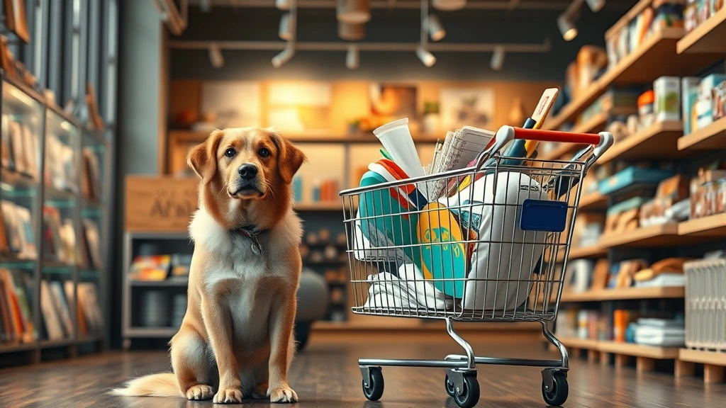 does michaels allow dogs -
A well-behaved dog sitting calmly next to a shopping cart filled with art suppl
