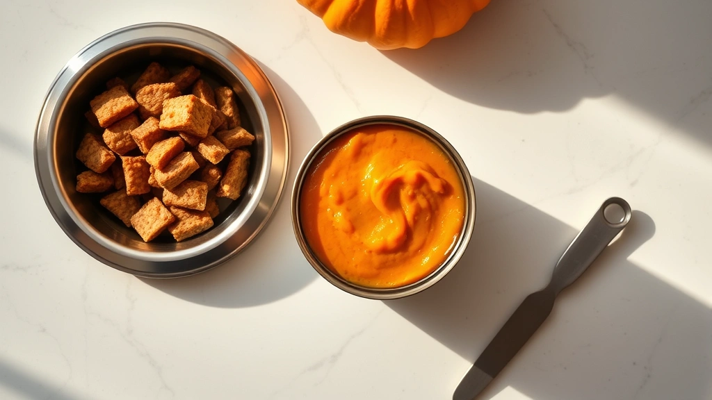 does pumpkin help with diarrhea in dogs -
Photorealistic overhead shot of a can of pure pumpkin puree next to a small mea