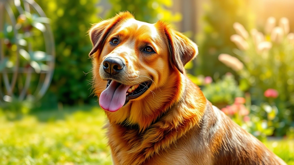 does pumpkin help with diarrhea in dogs -
Photorealistic image of a healthy dog with shiny coat sitting outdoors in a sun