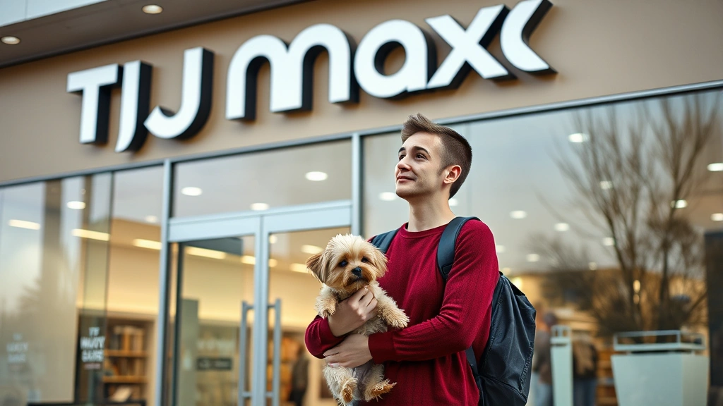 does tj maxx allow dogs -
A person holding a small dog while standing outside a TJ Maxx storefront with l