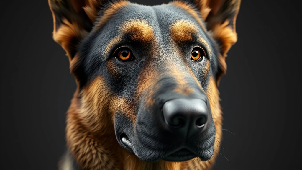 dog 3d -
Close-up of a German Shepherd 3D model head showing intricate fur simulation, e