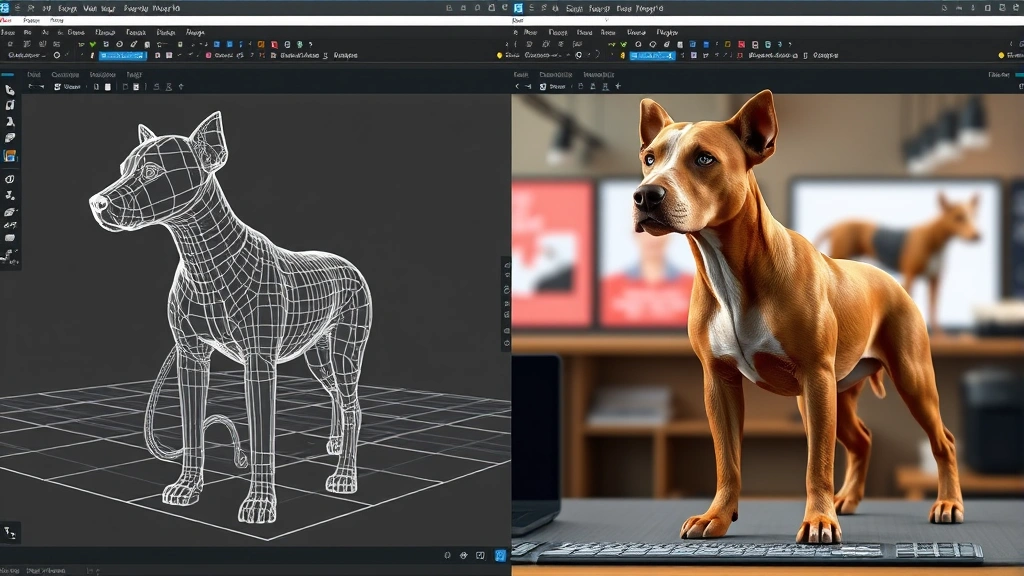 dog 3d -
Split-screen comparison showing a 3D dog model wireframe on left side and fully