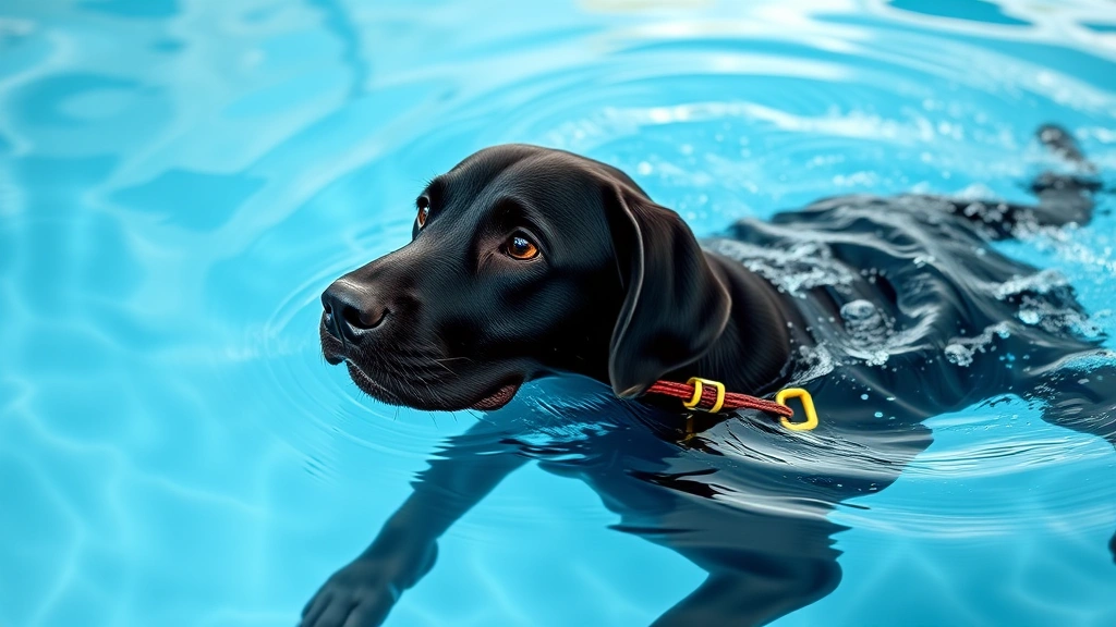 dog acl tear -
Photorealistic image of a black Labrador swimming in a pool during aquatic ther