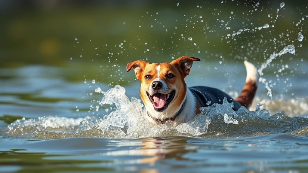 dog acl tear -
showing the dog mid-swim with water splashing around
