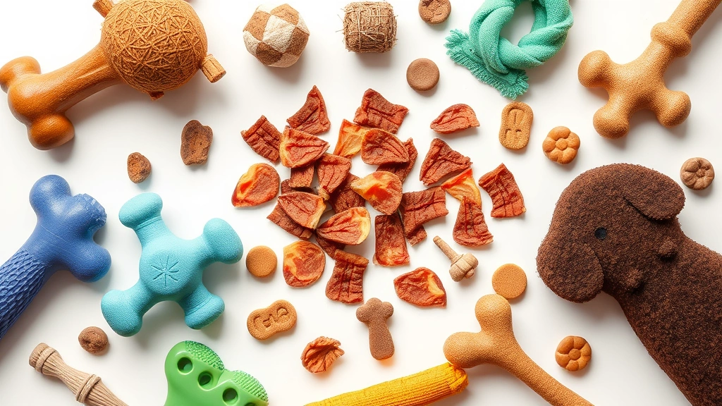 dog advent calendar -
Photorealistic image of assorted dog treats and toys arranged on a white surfac
