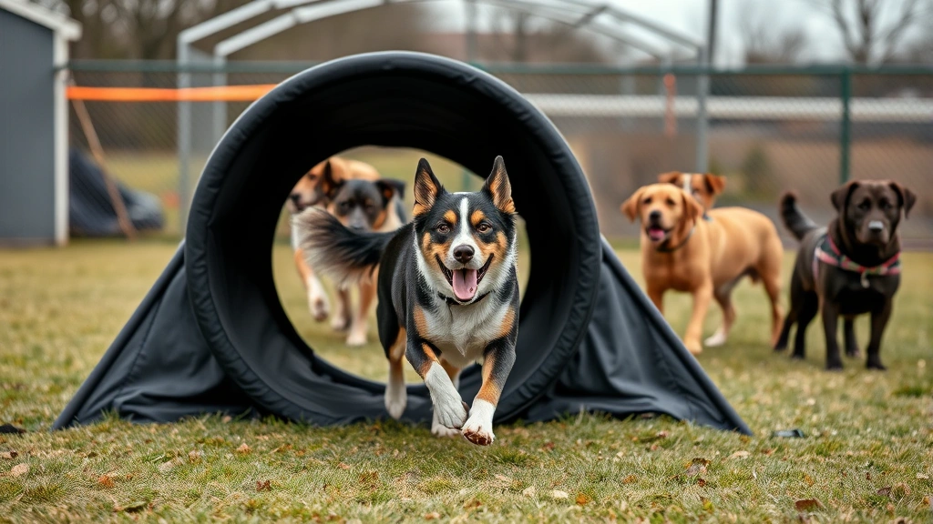 dog agility classes near me -
A mixed breed dog running through a black tunnel obstacle during agility traini