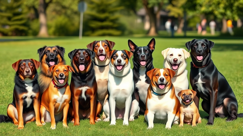 dog and names -
Photorealistic diverse group of dogs of different breeds and sizes sitting toge