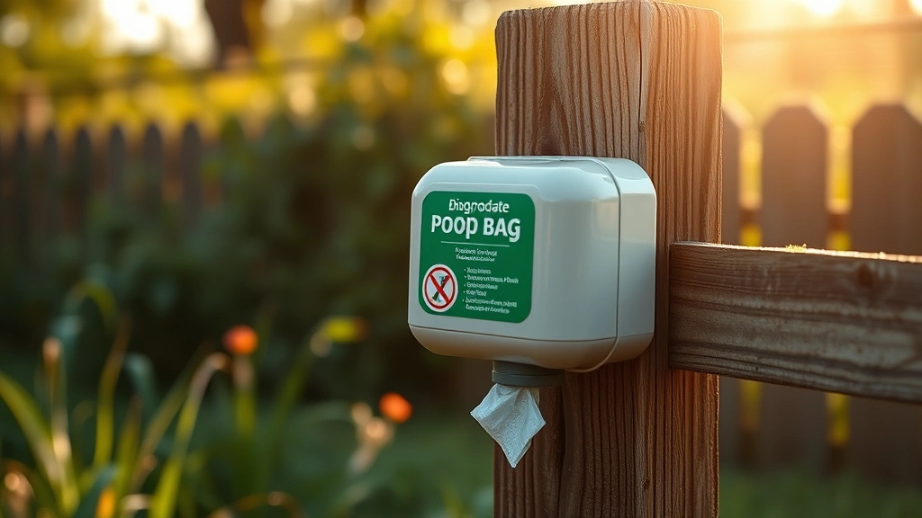 dog and poop -
Photorealistic close-up of a biodegradable poop bag dispenser mounted on a wood