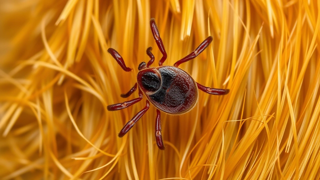 dog and tick bites -
showing the tick’s detailed body structure against golden-brown fur
