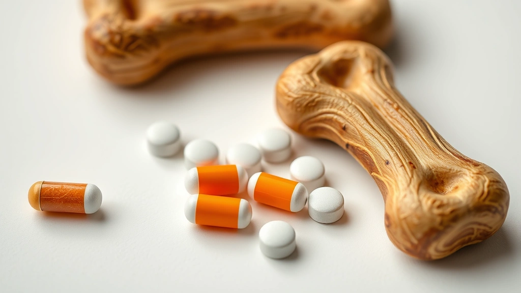 dog aspirin -
Photorealistic close-up of dog aspirin tablets and capsules on a white surface 