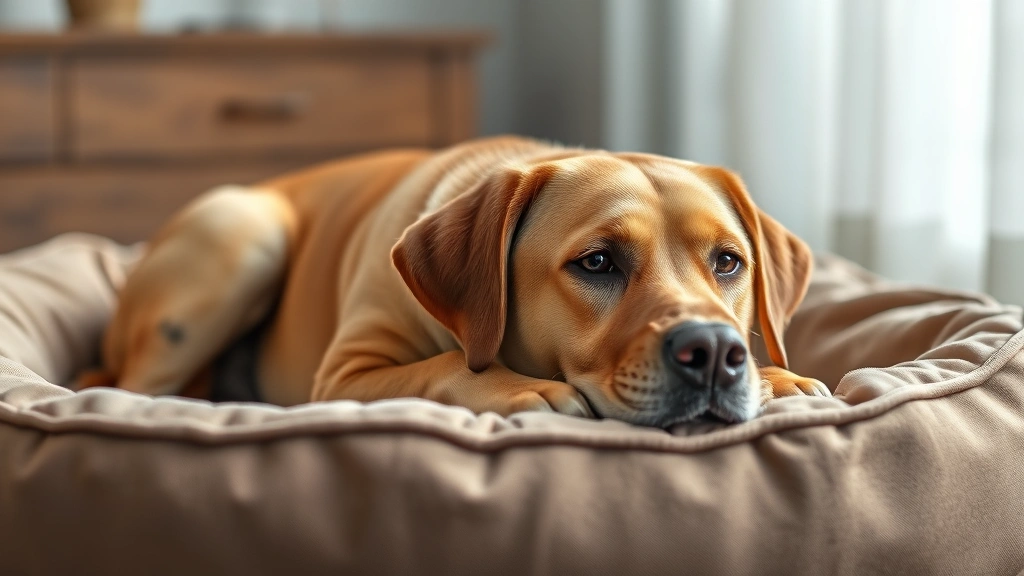 dog aspirin -
Photorealistic image of a senior labrador retriever lying on a comfortable dog 
