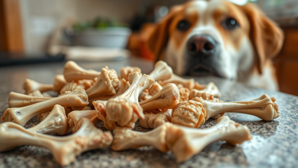 dog ate chicken bones -
Close-up view of scattered cooked chicken bones on a kitchen counter with a dog