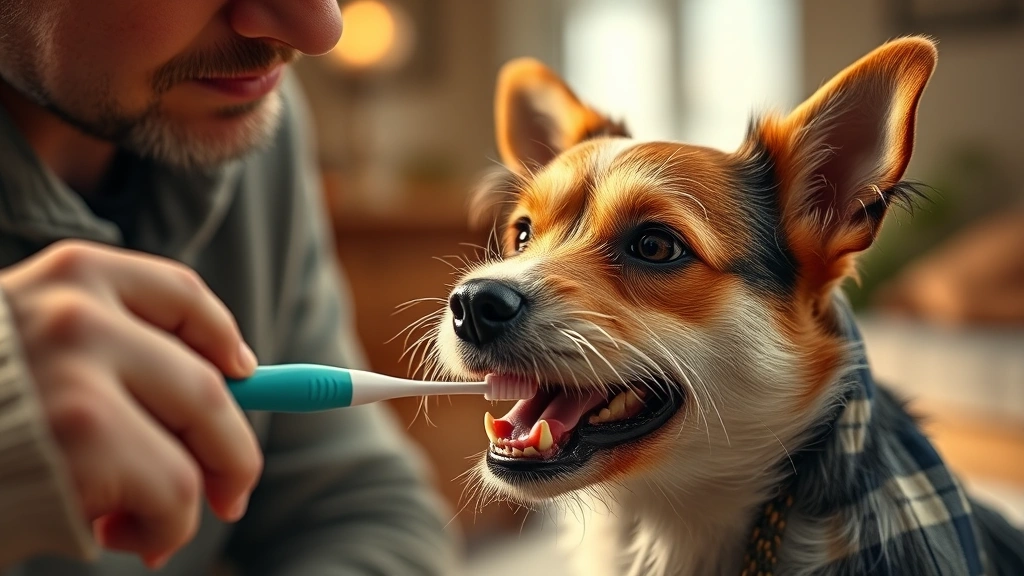 dog bad breath -
Photorealistic image of a dog owner gently brushing a small terrier’s tee