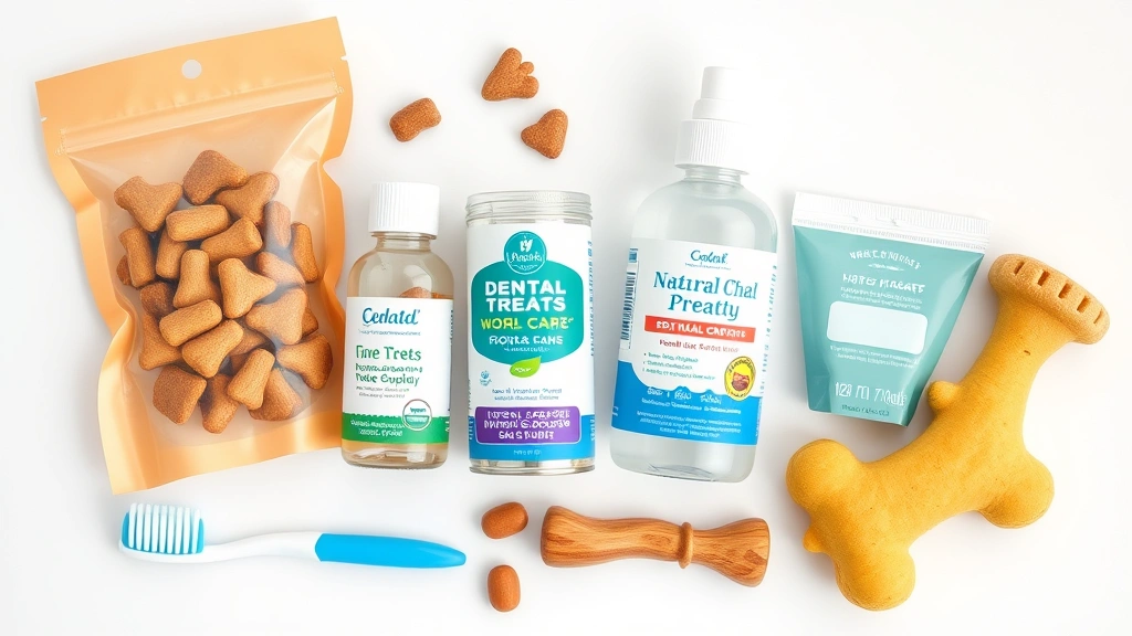 dog bad breath -
Photorealistic photograph of various dental care products for dogs arranged on 