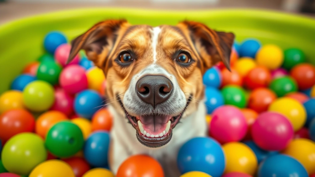 dog ball pit -
Close-up of a medium-sized dog’s happy face surrounded by colorful plasti