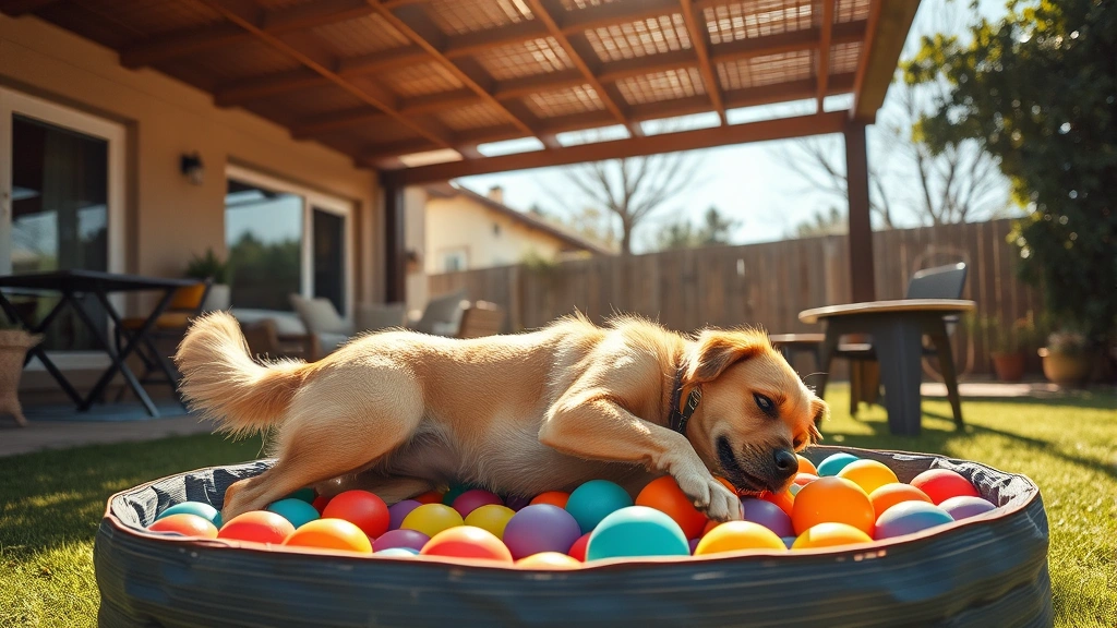 dog ball pit -
Large family dog stretching and playing in an outdoor covered patio ball pit wi